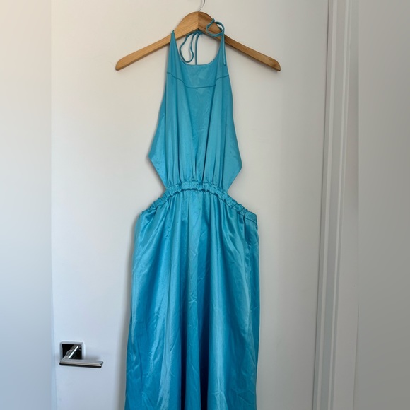 STAUD Small Sidney Satin Blue Maxi Dress Halter Open Back - Picture 4 of 12